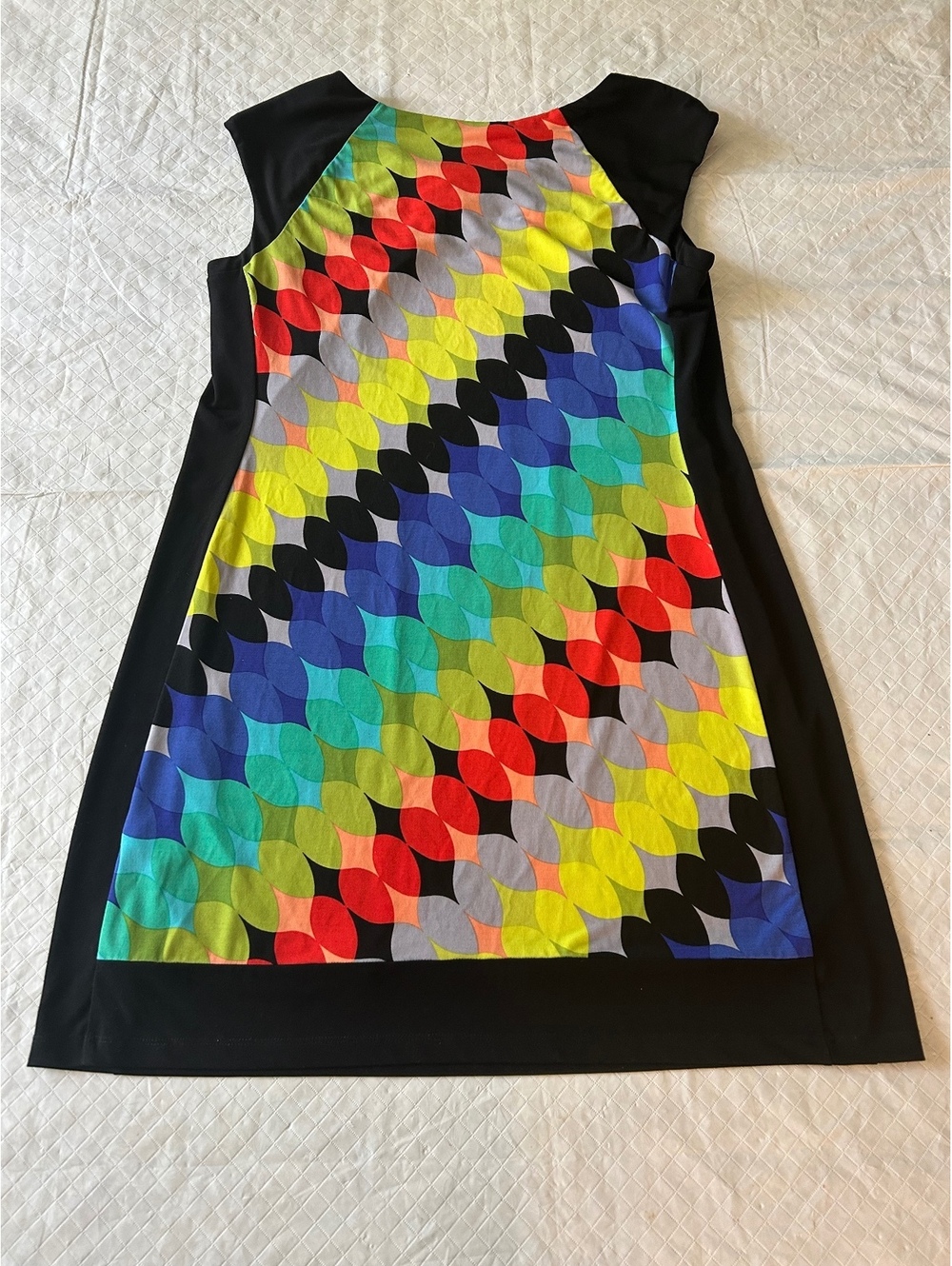 Maggie L Rainbow Geometric Mod Print Shift Dress Black Panels Size 14